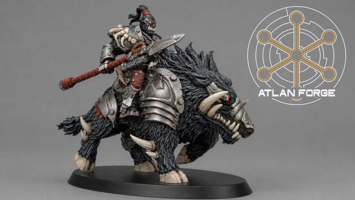 Armored Grokk rider carrying a bladed polearm while mounted on a tusked black warboar