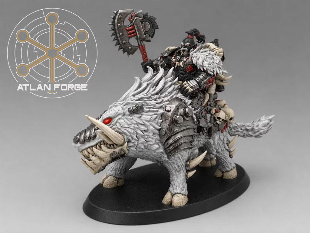 Grokk warrior with a massive mechanical axe riding a white armored warboar decorated with bones and trophies