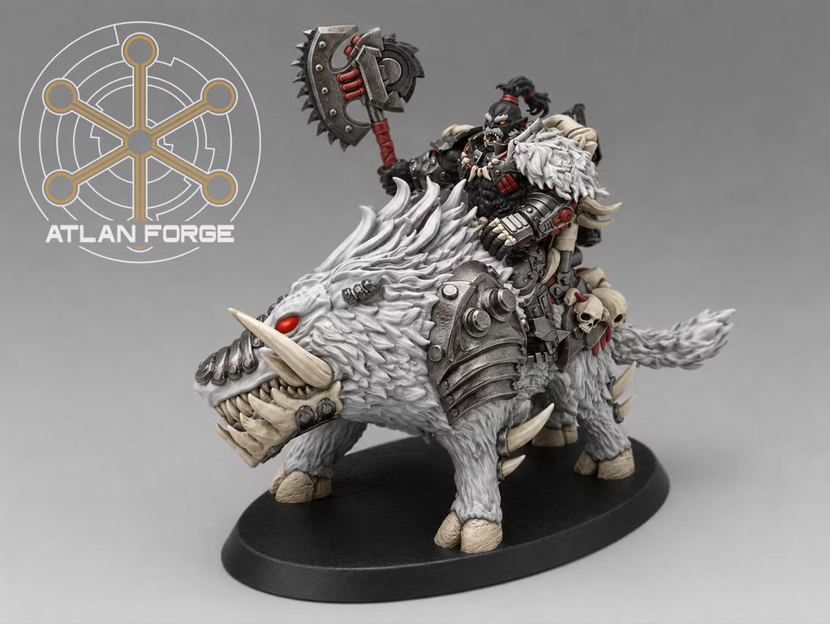Grokk warrior with a massive mechanical axe riding a white armored warboar decorated with bones and trophies