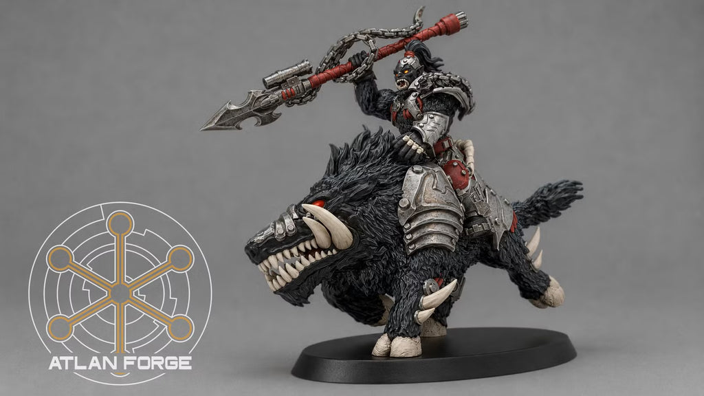 Grokk Warboar Rider raising a chain-wrapped spear while its armored mount charges forward