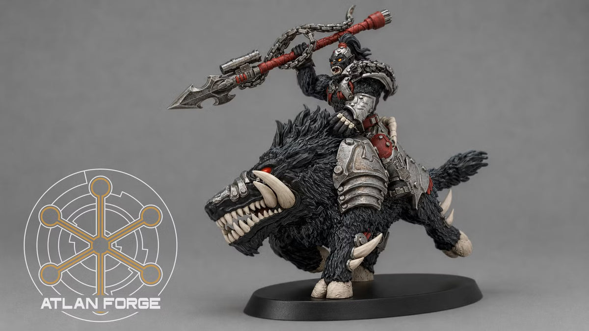 Grokk Warboar Rider raising a chain-wrapped spear while its armored mount charges forward