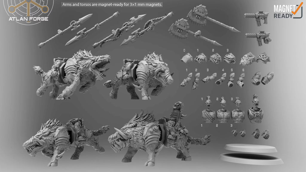 Grokk Warboar Riders modular parts with four mount poses, rider torsos, heads, armor, hands, guns, axes, spears, polearms, and oval bases