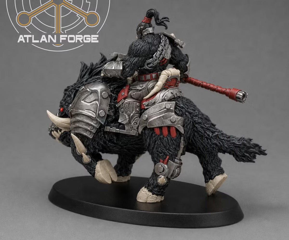 Rear view of a Grokk Warboar Rider showing layered saddle armor, mechanical details, equipment, fur textures, and the rider’s polearm