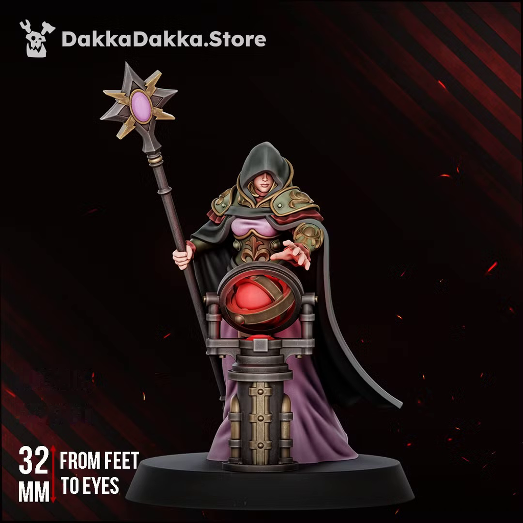 Front view of Guide Master, a 32mm hooded sci-fi mystic with staff and celestial apparatus