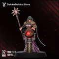Front view of Guide Master, a 32mm hooded sci-fi mystic with staff and celestial apparatus