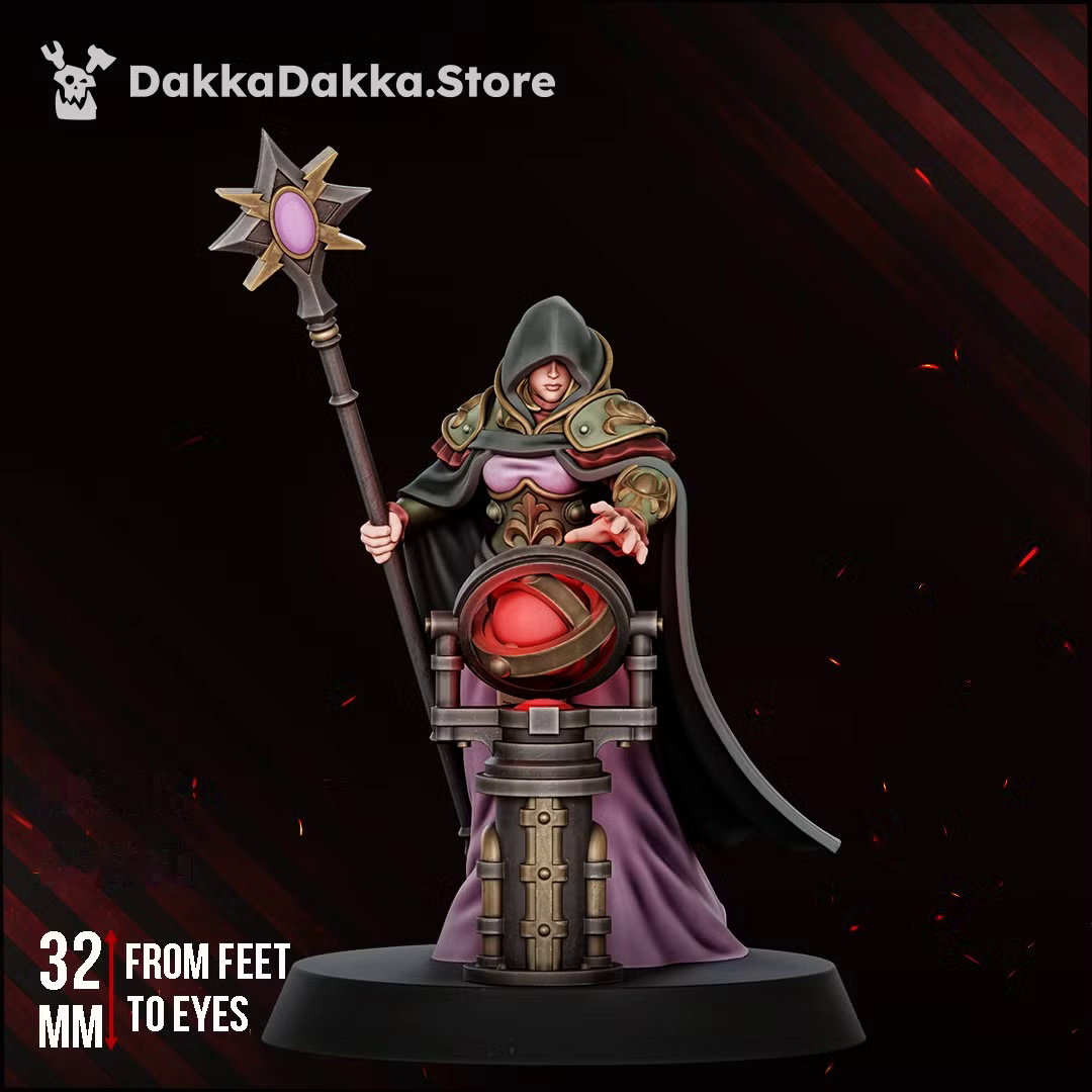Front view of Guide Master, a 32mm hooded sci-fi mystic with staff and celestial apparatus