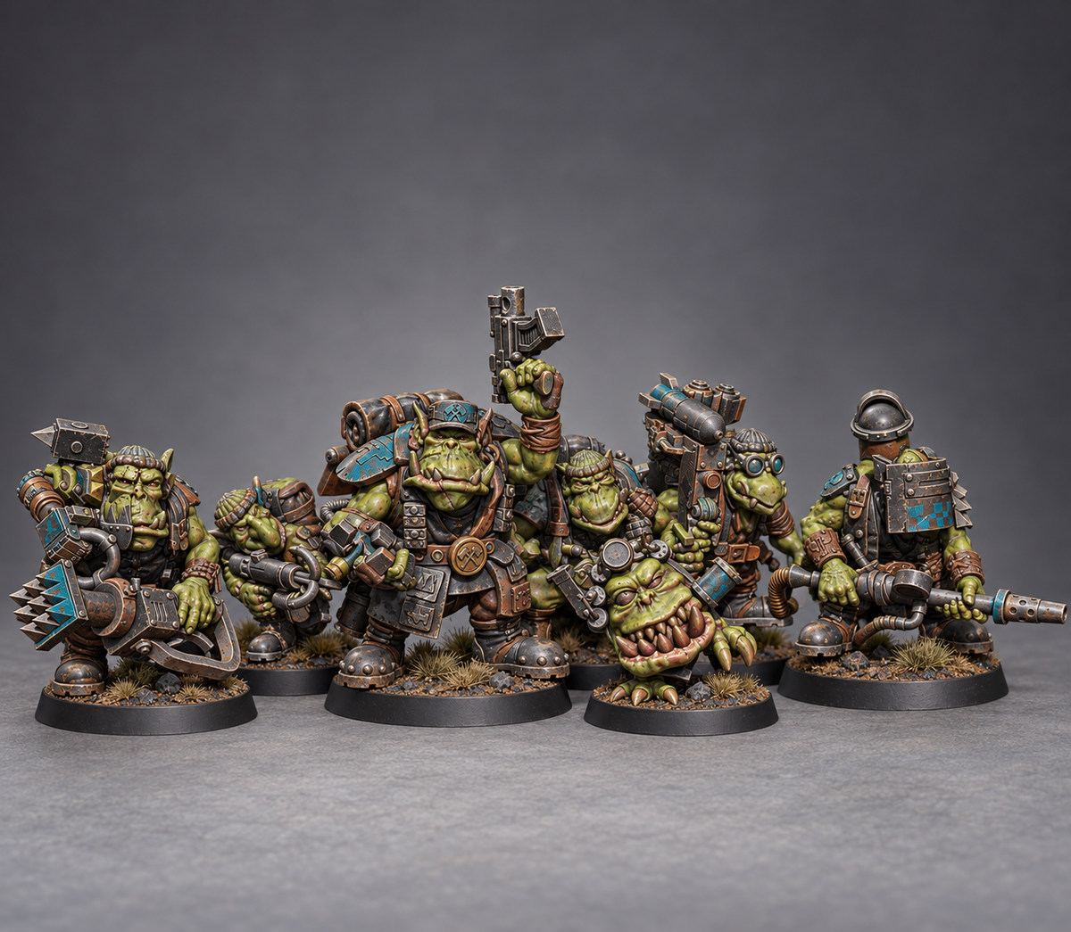 Painted Guttertech Strike Force by Trollet Miniatures, a seven-model sci-fi greenskin squad with weathered gear and varied weapons