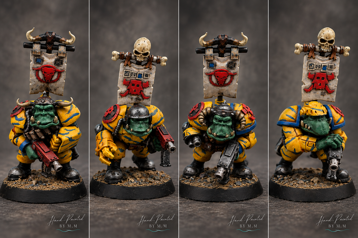 Four hand-painted Guttertech Brute Squad resin miniatures with yellow armor, green skin, weapons, and banners on a warm gray backdrop.