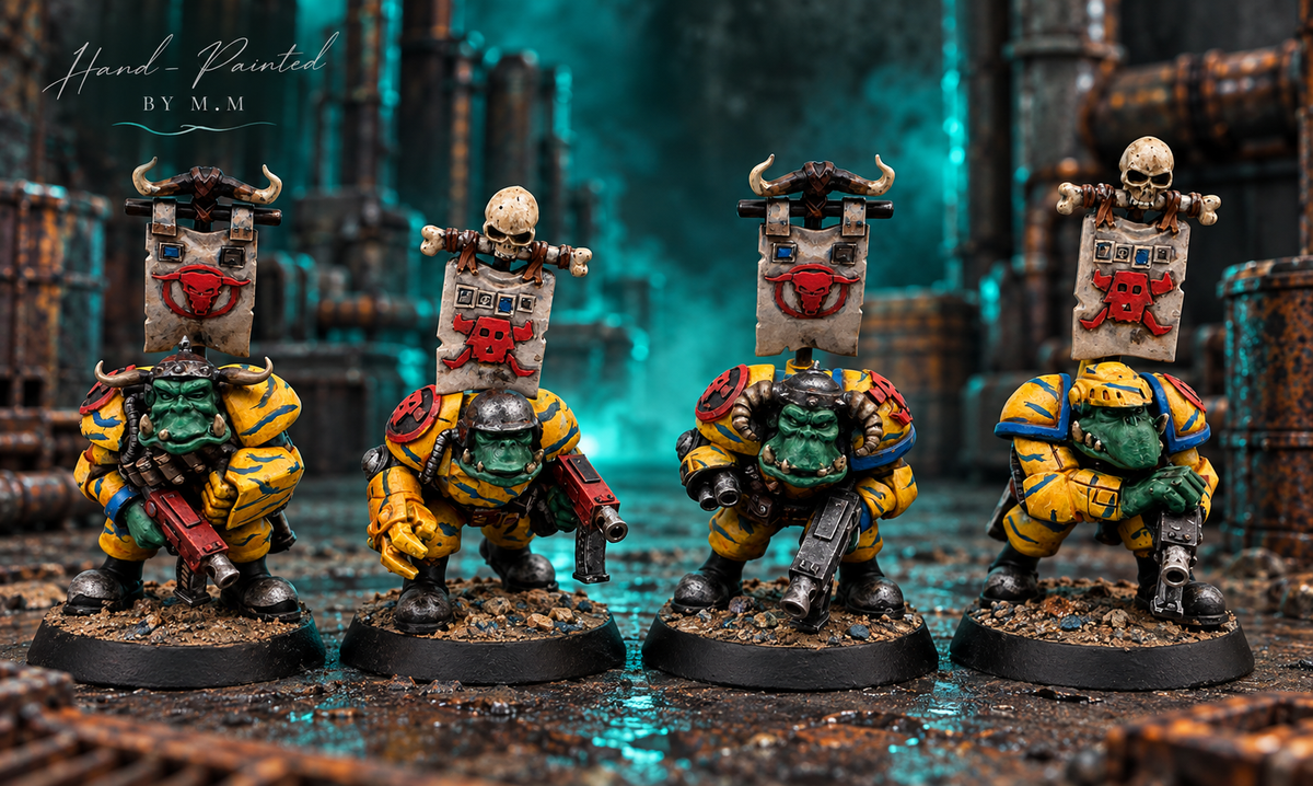 Guttertech Brute Squad by Trollet Miniatures, four hand-painted sci-fi greenskin miniatures on an industrial teal backdrop.