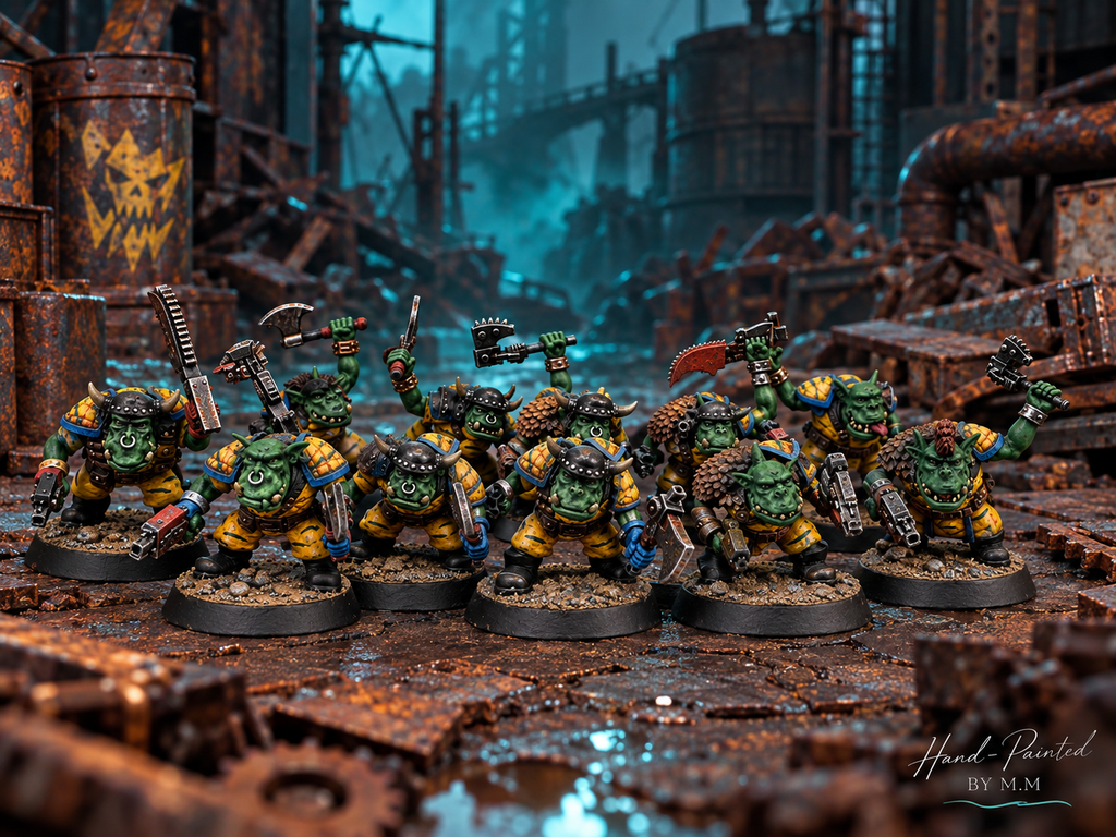 Hand-painted Guttertech Orc Raiders by Trollet Miniatures in yellow armor, posed in a rusty industrial scrapyard.