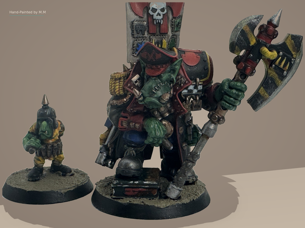 Painted Guttertech Orc Banner Boss and his Goblin companion on decorated bases