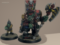 Painted Guttertech Orc Banner Boss and his Goblin companion on decorated bases