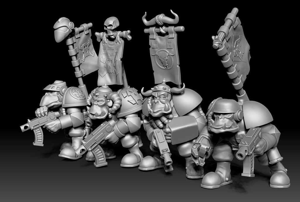 Guttertech Brute Squad resin miniatures by Trollet Miniatures, showing four armored sci-fi brute fighters with rifles, helmets, and six banner pieces.