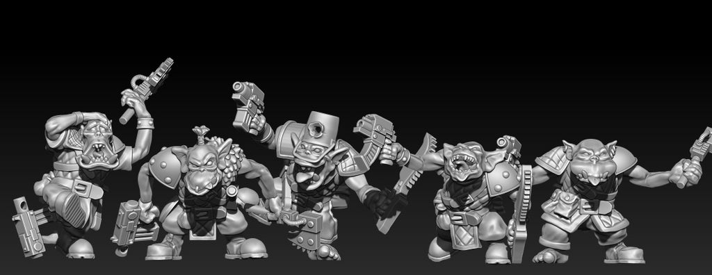 Group of Guttertech Havoc Runner miniatures featuring goblin-style sci-fi fighters with oversized weapons, expressive faces, and scrappy raider armor.