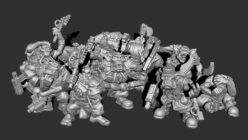 Guttertech Havoc Runners resin miniatures by Trollet Miniatures, showing ten chaotic sci-fi goblin raiders with blasters, melee weapons, armor, and dynamic poses.