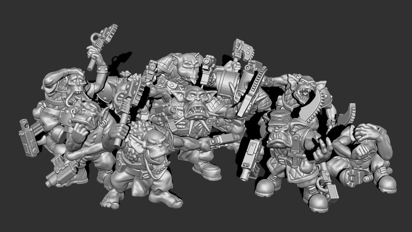 Guttertech Havoc Runners resin miniatures by Trollet Miniatures, showing ten chaotic sci-fi goblin raiders with blasters, melee weapons, armor, and dynamic poses.