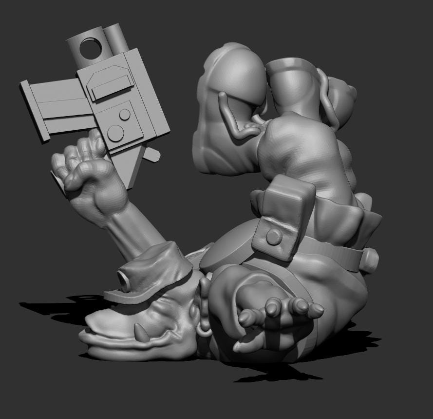 Resin 3D‑printed Guttertech Stackfire Goblin miniature by Trollet, showing a falling goblin‑style raider in a cap, reaching forward with one hand while holding his gun with the other, with blocky sci‑fi gear.