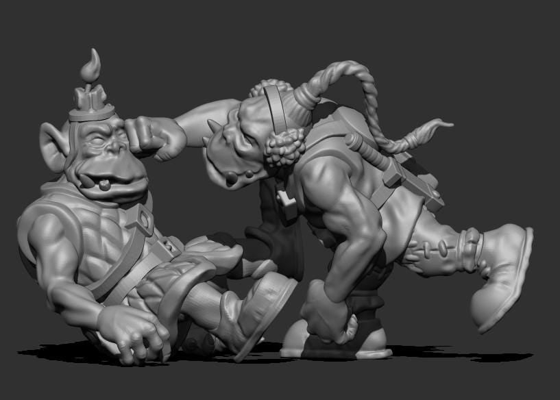 Resin 3D‑printed Guttertech Stackfire Goblin by Trollet displayed on a dark background, featuring two goblin‑style raiders fighting.