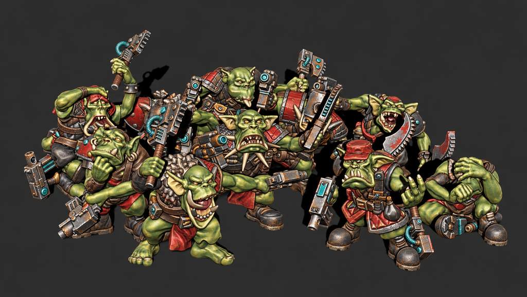 Painted version of the Guttertech Havoc Runners resin miniatures by Trollet Miniatures, showing ten chaotic sci-fi orc raiders with blasters, melee weapons, armor, and dynamic poses.