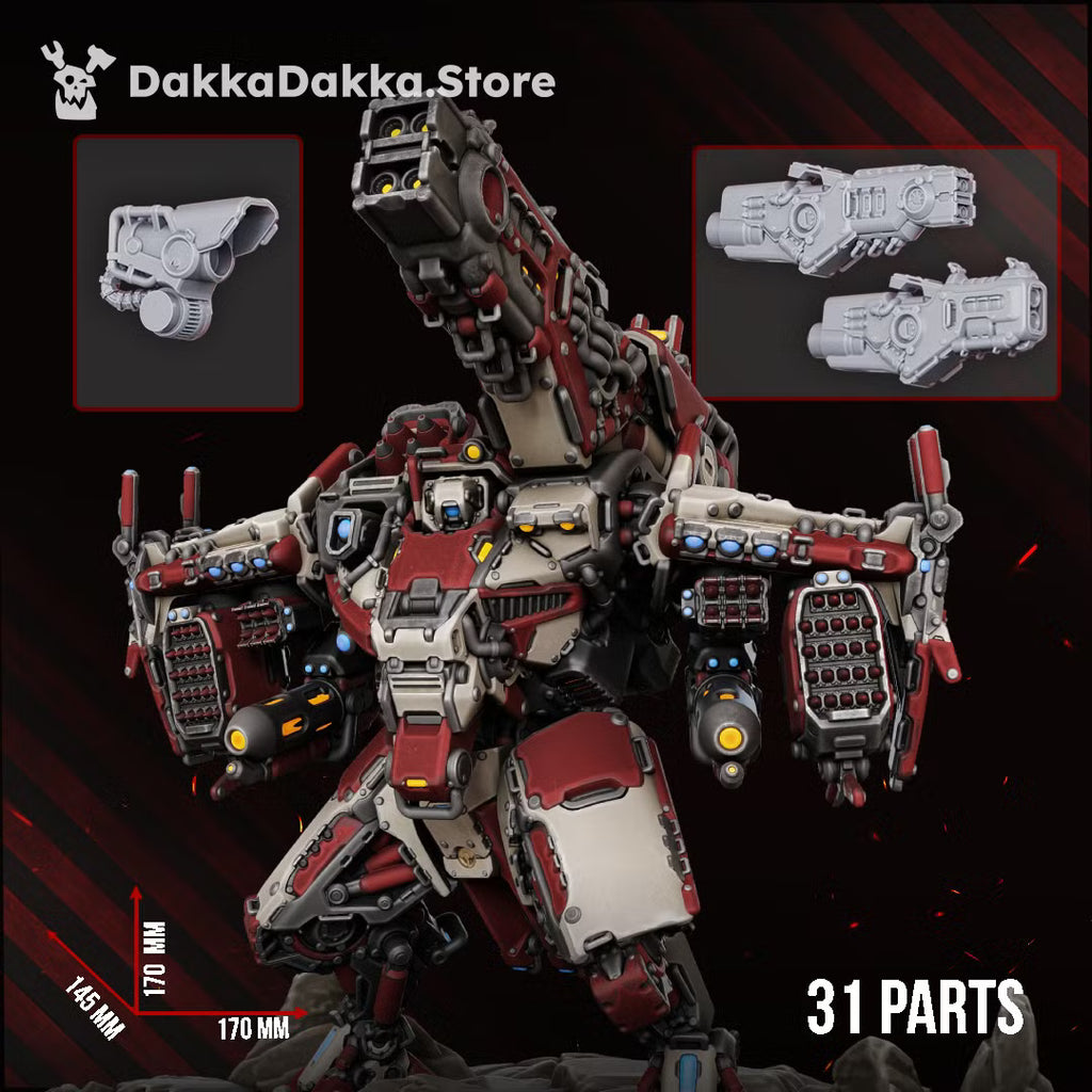 Painted HT-77 “Skyrend” modular sci-fi mech with missile arrays and heavy weapon systems, showing its 170 by 170 by 143mm dimensions and 31-part callout.