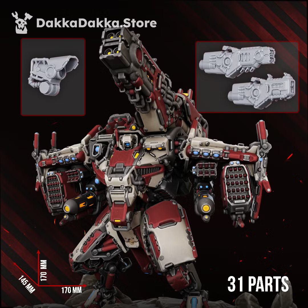 Painted HT-77 “Skyrend” modular sci-fi mech with missile arrays and heavy weapon systems, showing its 170 by 170 by 143mm dimensions and 31-part callout.
