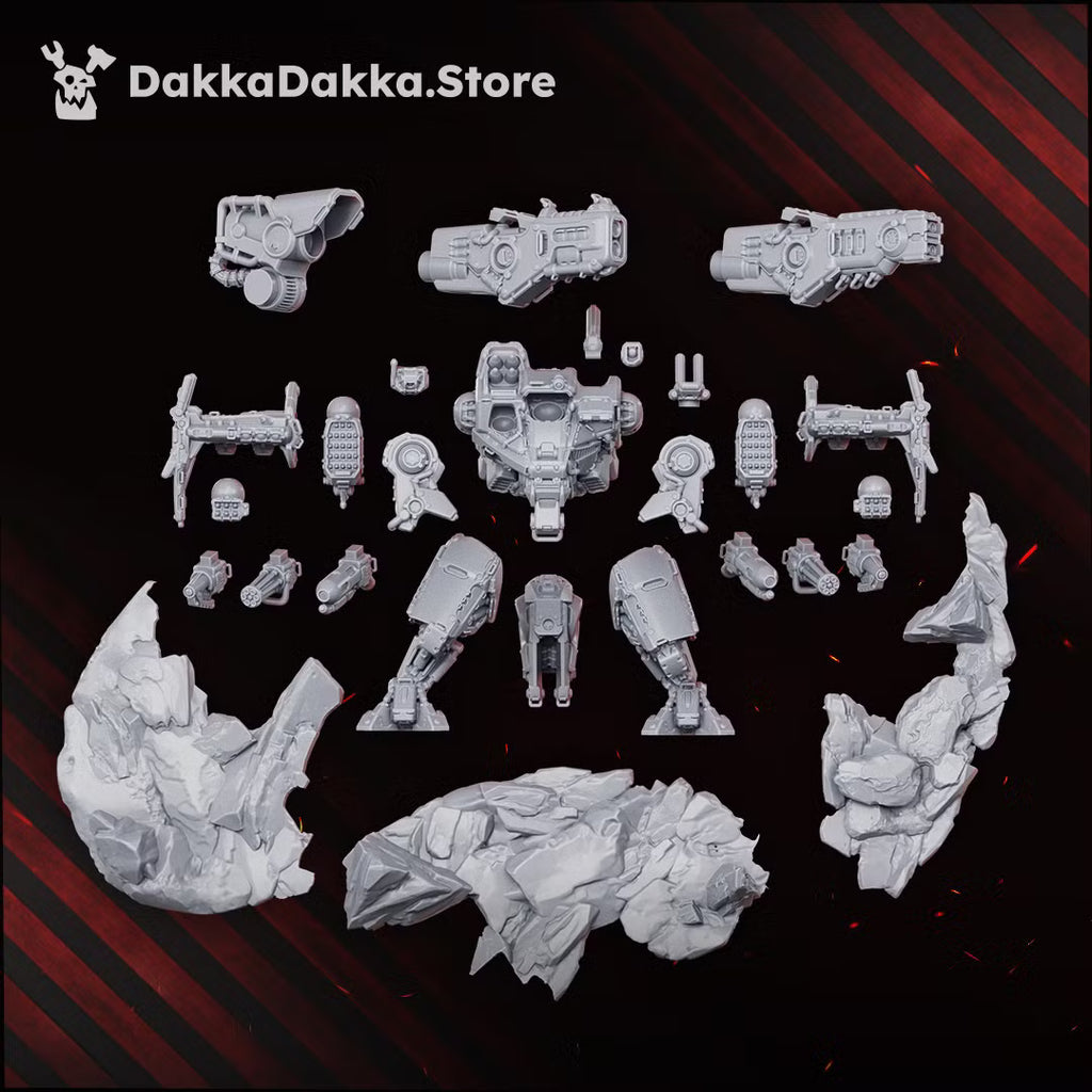 Exploded view of the 31 modular components for the HT-77 “Skyrend” sci-fi mech, including weapons, armored legs, torso, missile pods, and scenic base pieces.