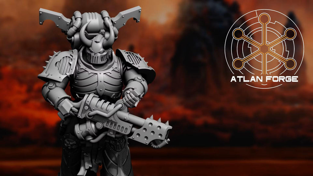 Close-up detail of the ornate, dark sci-fi helmet and segmented chest armor on a Hades Dark Trooper miniature by Atlan Forge