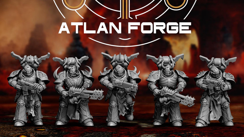Squad of five Hades Dark Troopers miniatures by Atlan Forge in dark heavy sci-fi armor holding specialized rifles.