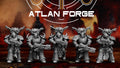 Squad of five Hades Dark Troopers miniatures by Atlan Forge in dark heavy sci-fi armor holding specialized rifles.