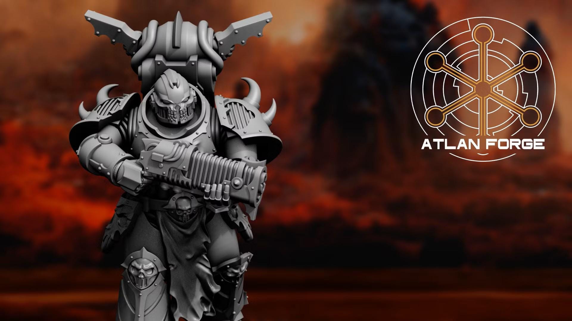 Close-up detail of the ornate, dark sci-fi helmet and segmented chest armor on a Hades Dark Trooper miniature by Atlan Forge