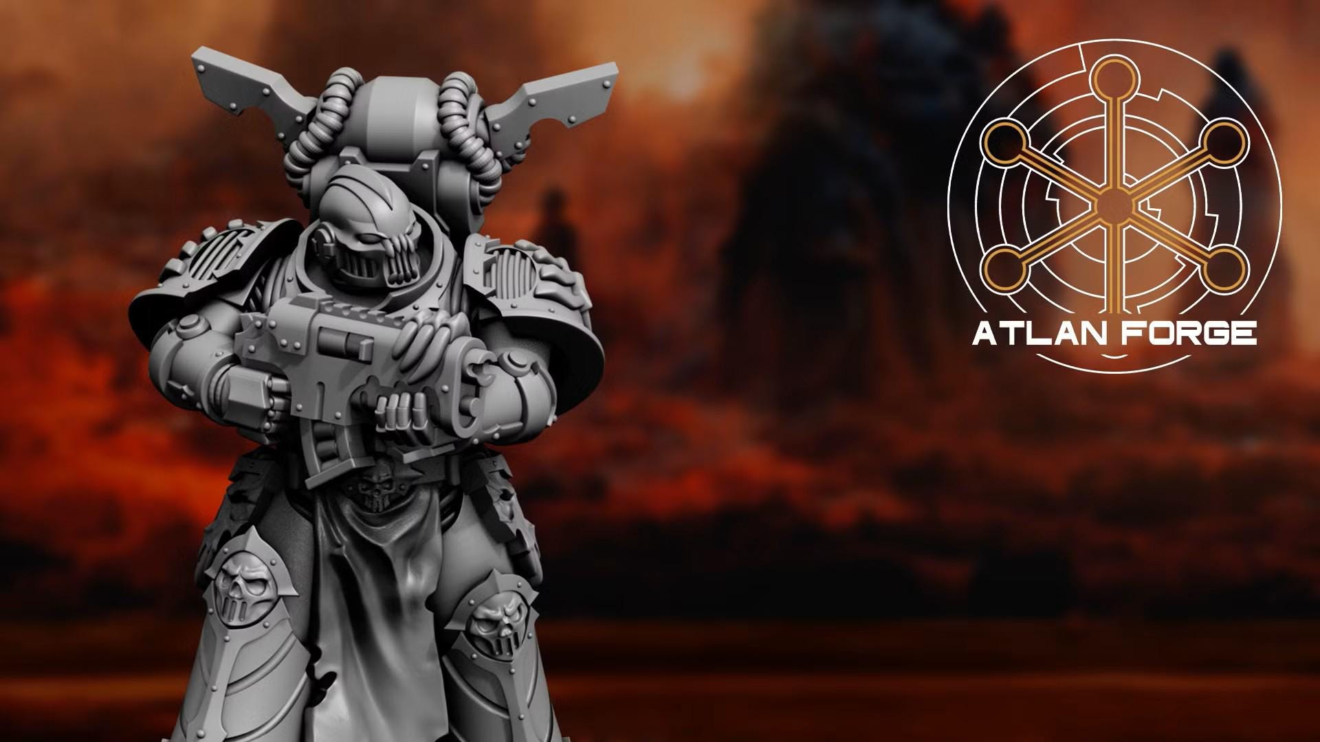 Close-up detail of the ornate, dark sci-fi helmet and segmented chest armor on a Hades Dark Trooper miniature by Atlan Forge