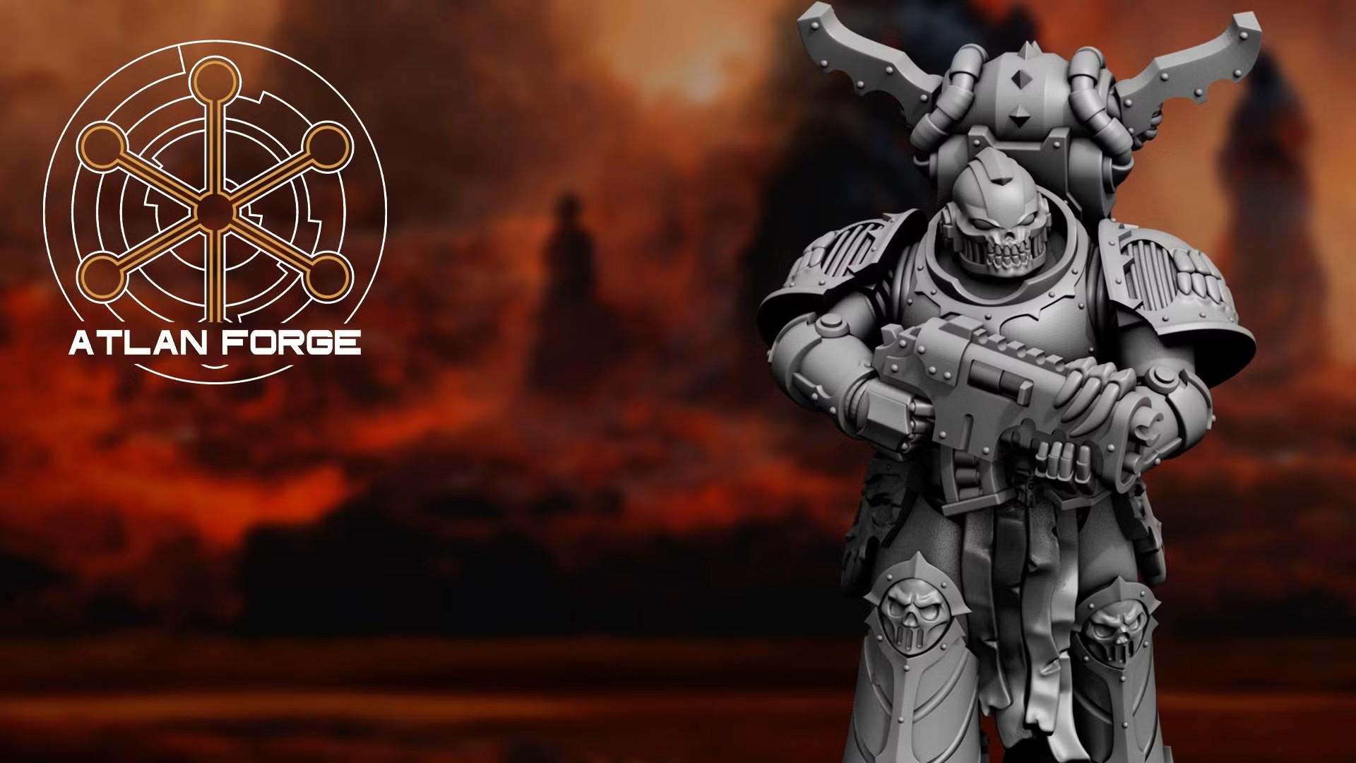 Close-up detail of the ornate, dark sci-fi helmet and segmented chest armor on a Hades Dark Trooper miniature by Atlan Forge