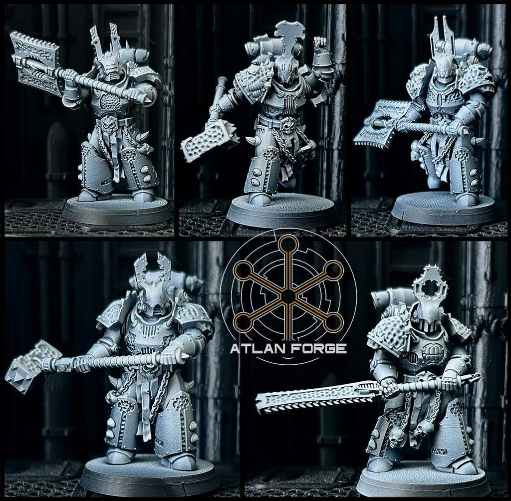 Squad of five Hades Demented miniatures by Atlan Forge in heavy frenzied sci-fi armor with massive melee weapons