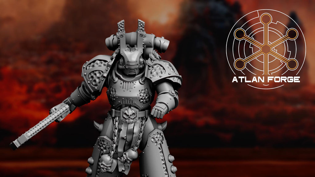 Close-up of a Hades Demented heavy assault infantry soldier in a dynamic striking pose with a massive chainsword.