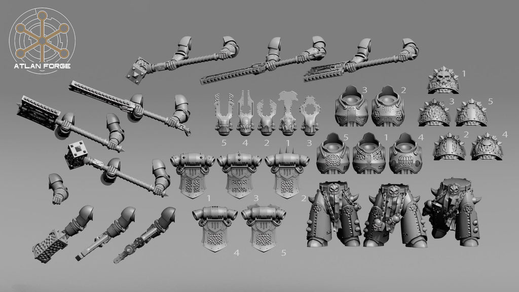 Modular resin weapon bits including two-handed chainaxes, battle hammers, and heavy swords for Hades Demented models.