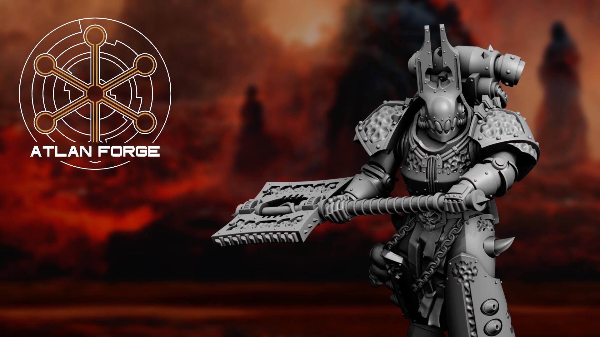 Close-up of a Hades Demented heavy assault infantry soldier in a dynamic striking pose with a massive chainsword.