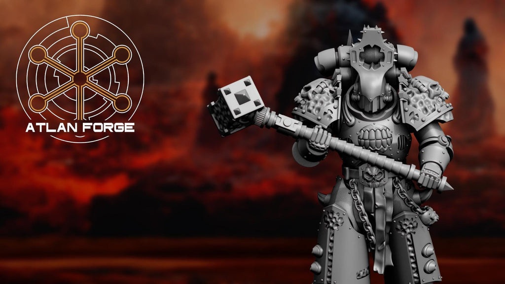 Close-up of a Hades Demented heavy assault infantry soldier in a dynamic striking pose with a massive chainsword.