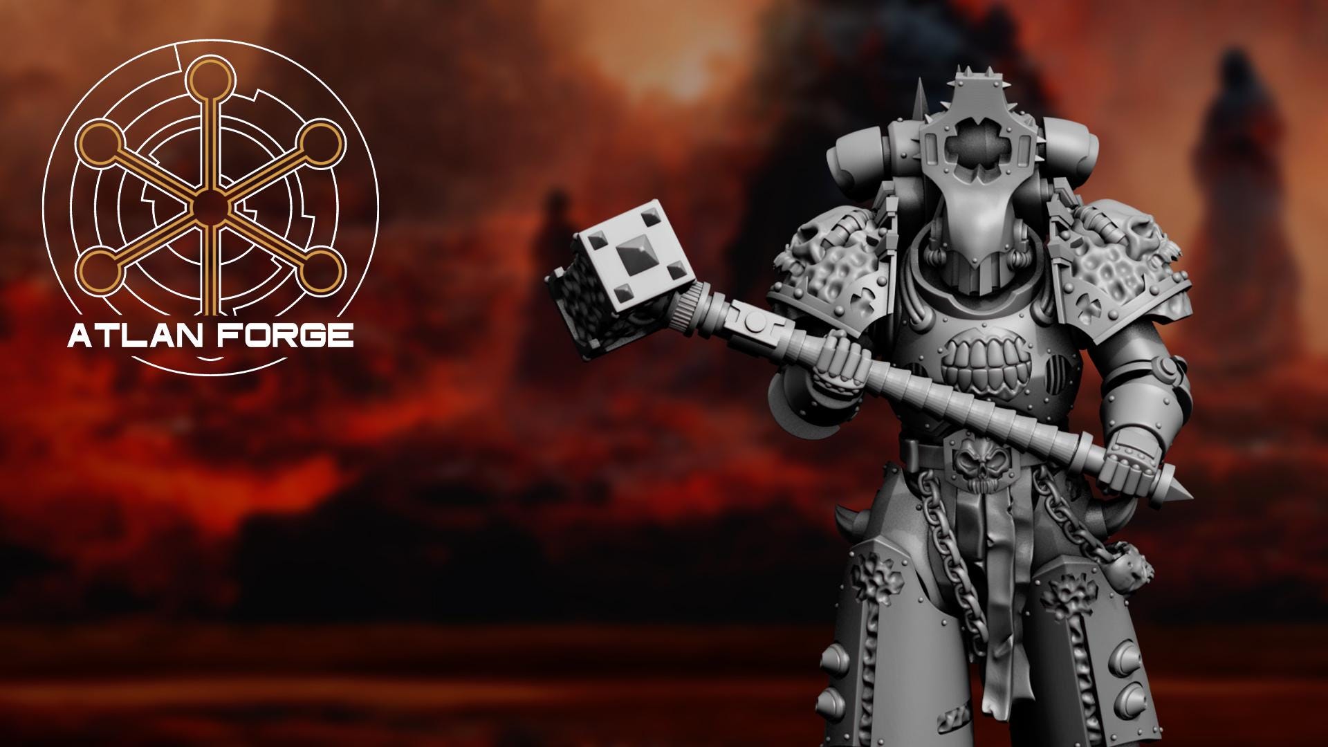 Close-up of a Hades Demented heavy assault infantry soldier in a dynamic striking pose with a massive chainsword.