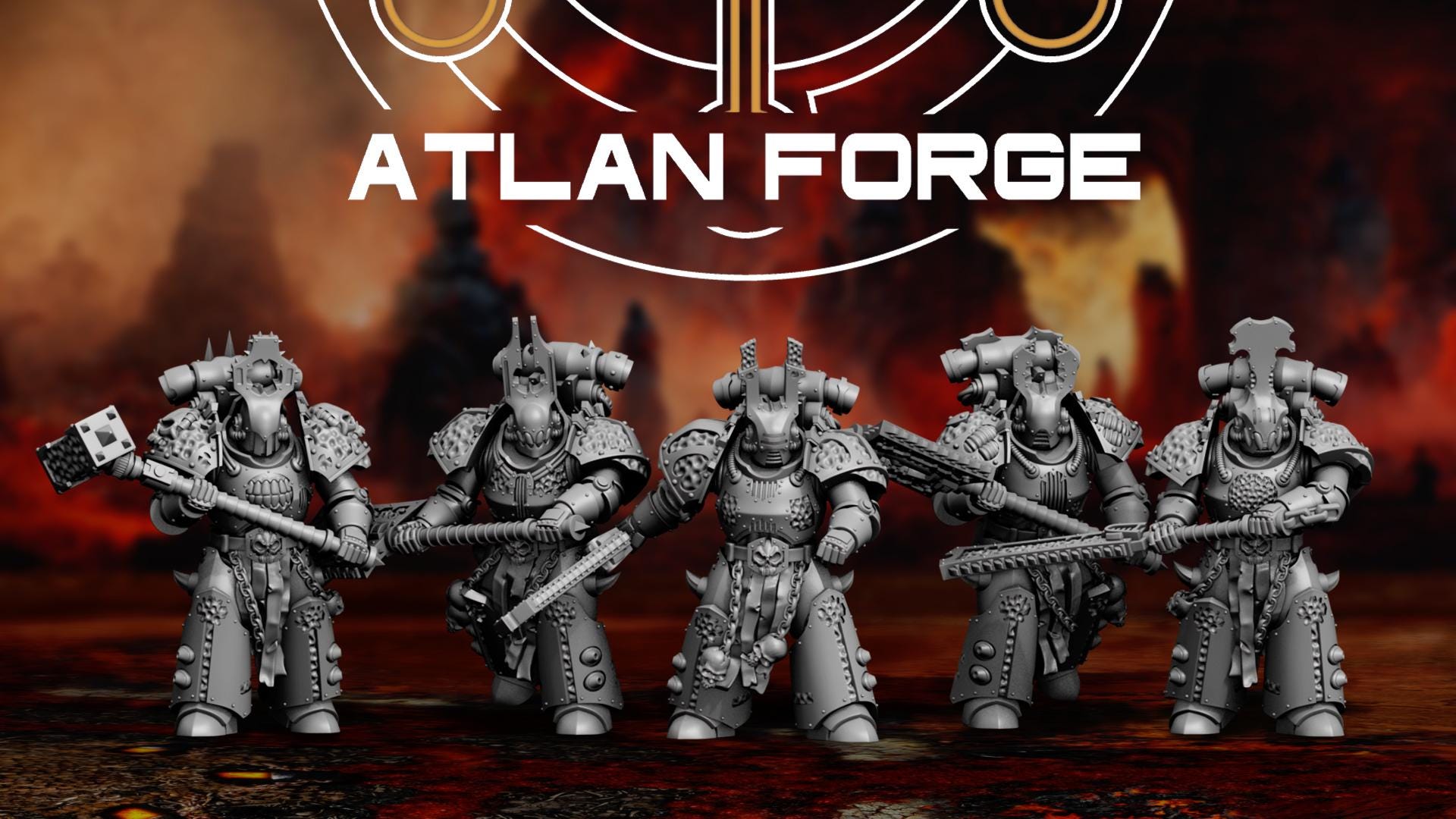 Squad of five Hades Demented miniatures by Atlan Forge in heavy frenzied sci-fi armor with massive melee weapons