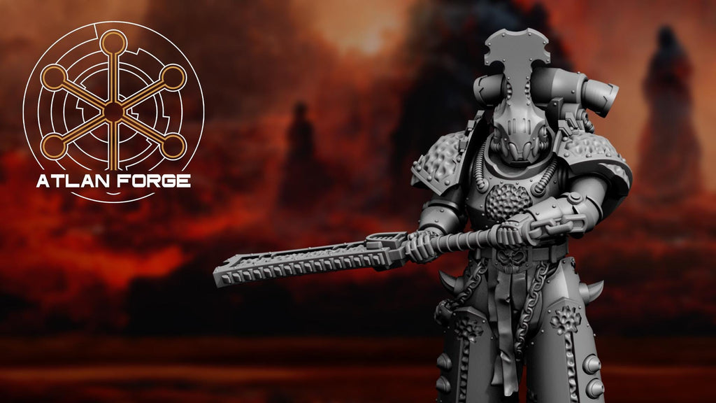 Close-up of a Hades Demented heavy assault infantry soldier in a dynamic striking pose with a massive chainsword.