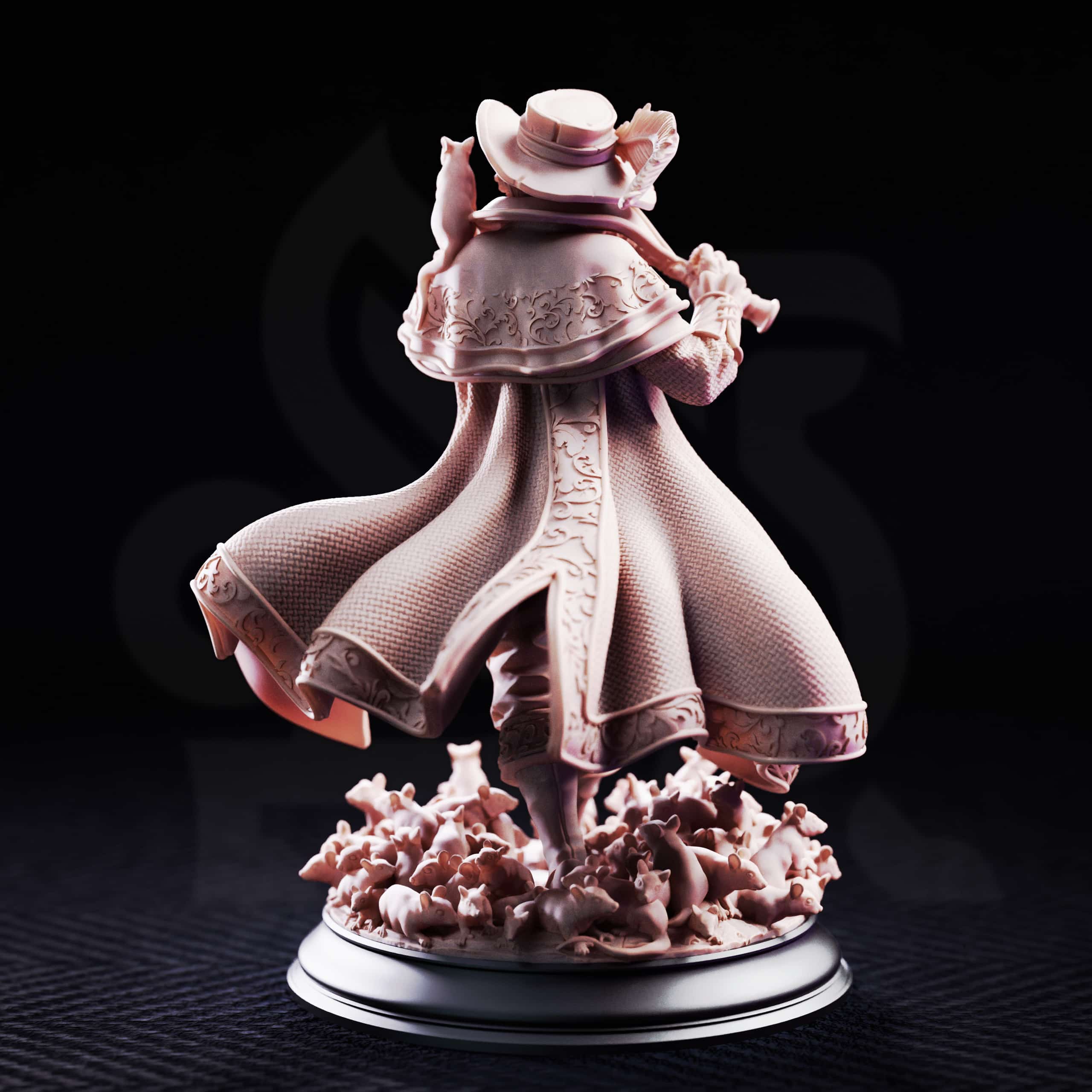 Rear view of Hamelin Pansworth by DM Stash, showing the flowing textured cloak, ornate coat details, flute, shoulder rat, and rat swarm base.