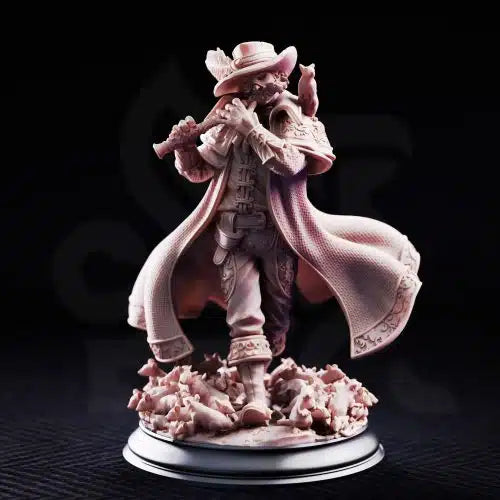 Front view of Hamelin Pansworth The Pied Piper by DM Stash, showing a fantasy bard miniature with flute, hat, cloak, rats, and dark fairy tale details.