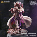 Hamelin Pansworth The Pied Piper miniature by DM Stash, shown with flute, flowing cloak, wide-brimmed hat, shoulder rat, and scenic rat swarm base.