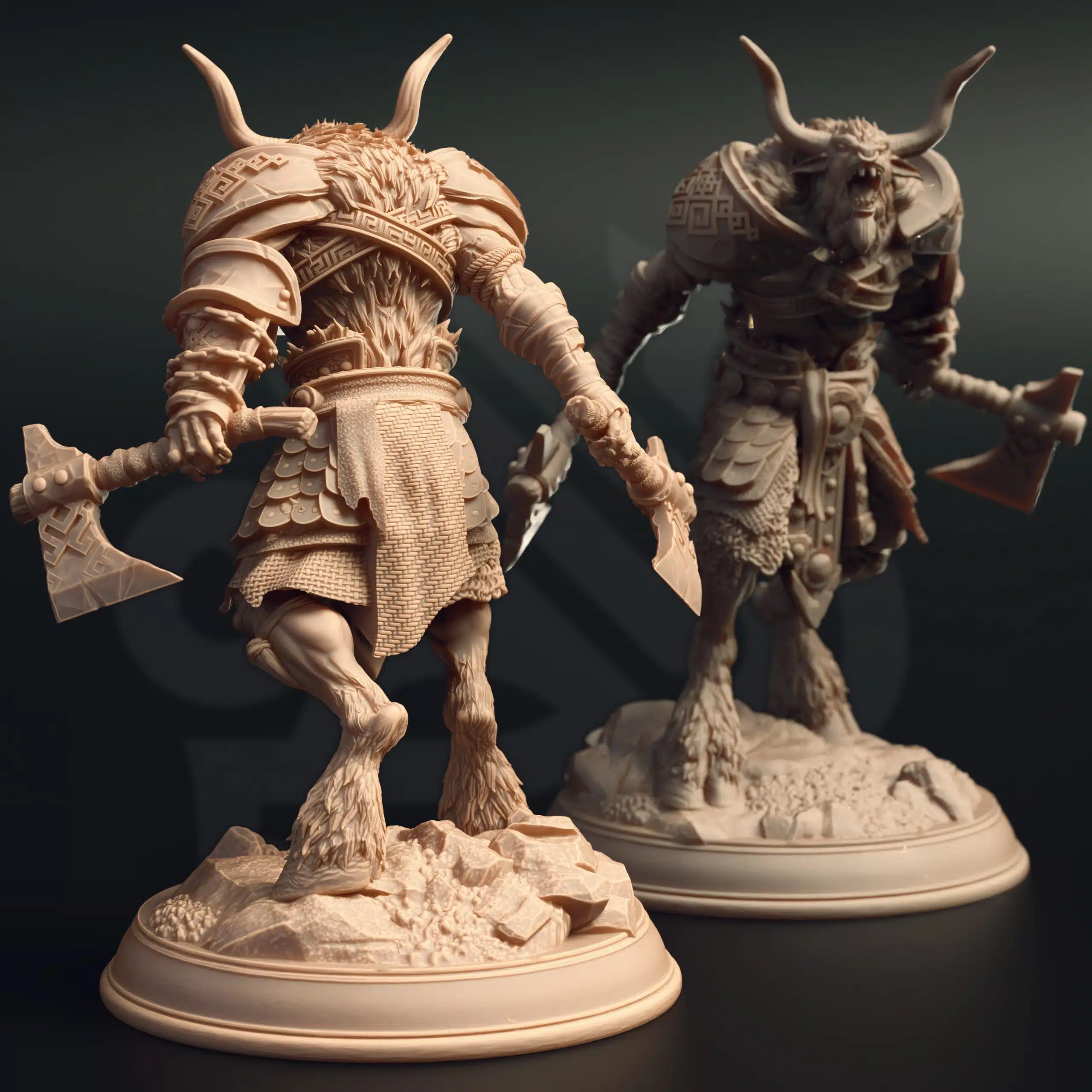 Back view of Hannes Vyrios Noble Barbarian minotaur miniature by DM Stash, showing beastfolk warrior details and RPG base.