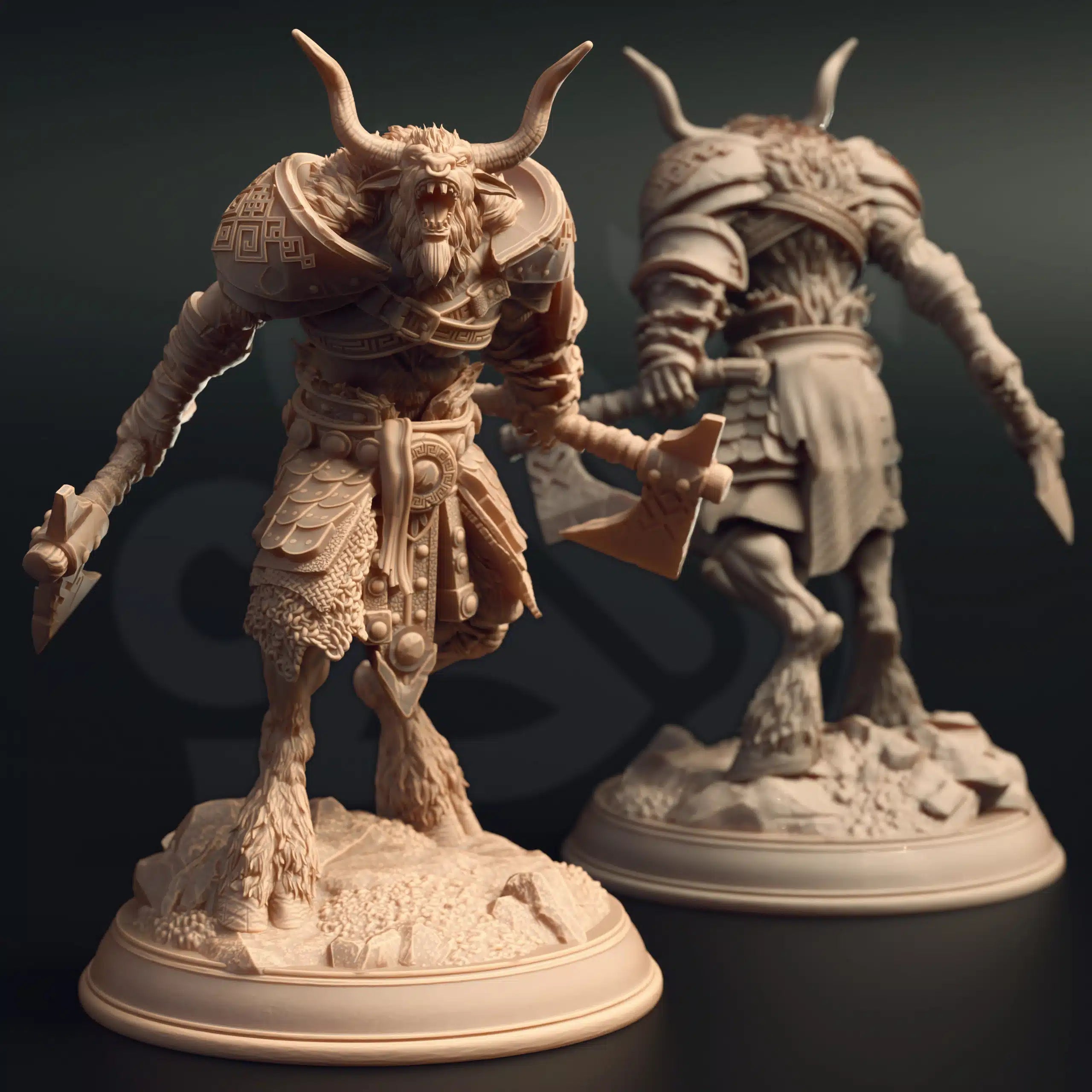 Hannes Vyrios Noble Barbarian minotaur miniature by DM Stash, resin printed beastfolk fighter NPC for fantasy tabletop RPGs.