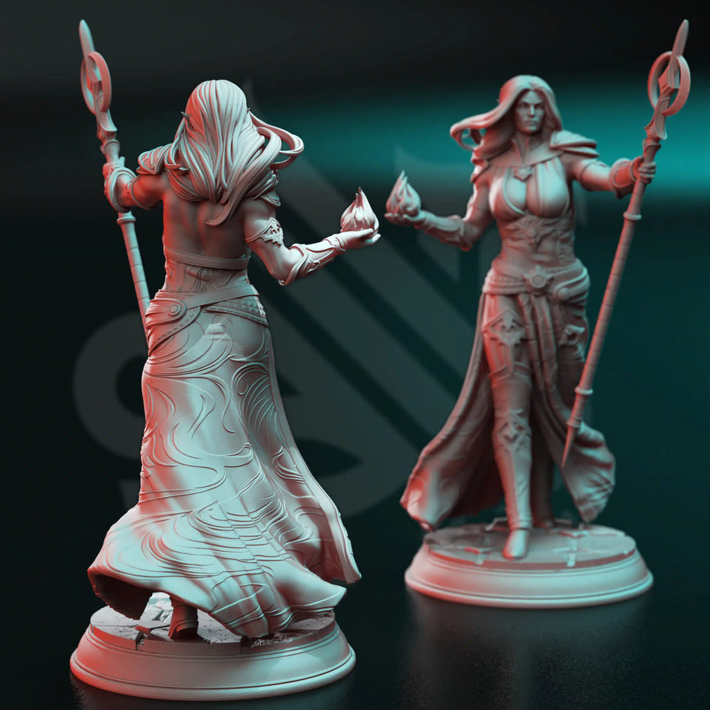 Rear view of Harmara Dances With Blood goliath blood mage miniature by DM Stash, resin printed fantasy tabletop RPG spellcaster NPC.