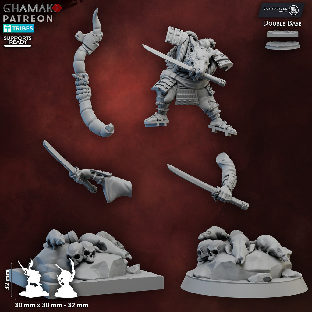 Modular parts for Hattori Ratzo by Ghamak, showing ratfolk body, swords, tail, scenic square base, round base option, and resin components.