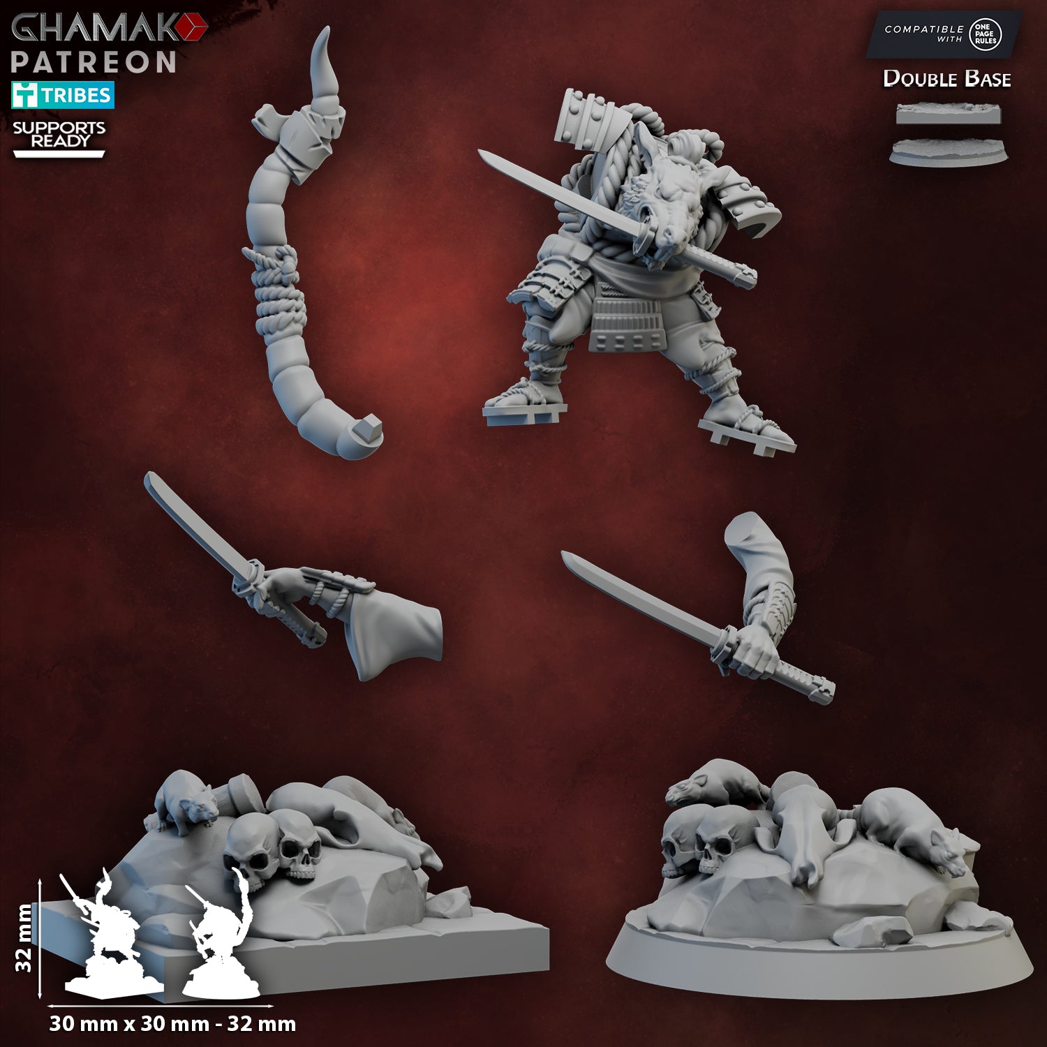 Modular parts for Hattori Ratzo by Ghamak, showing ratfolk body, swords, tail, scenic square base, round base option, and resin components.