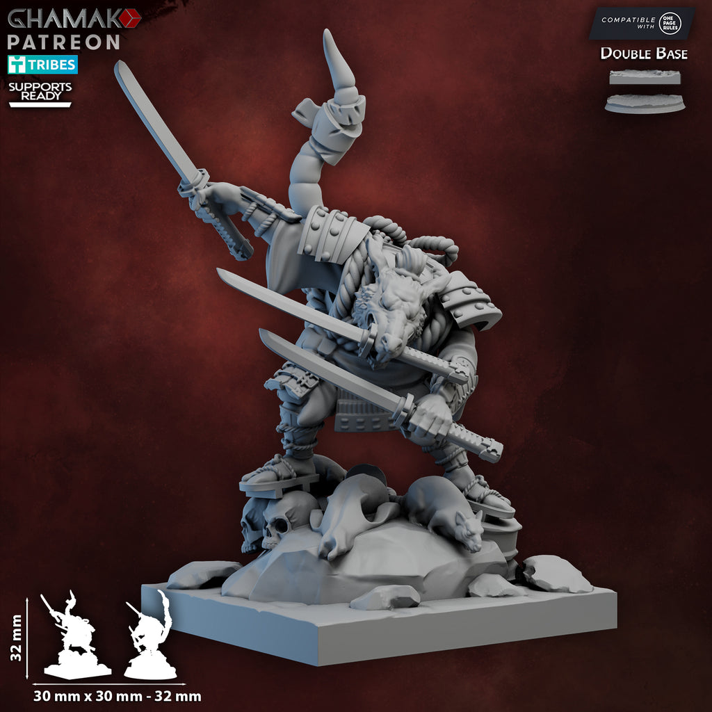 Hattori Ratzo ratfolk warrior miniature by Ghamak, shown with multiple swords, armor, rats, skulls, and scenic square base.