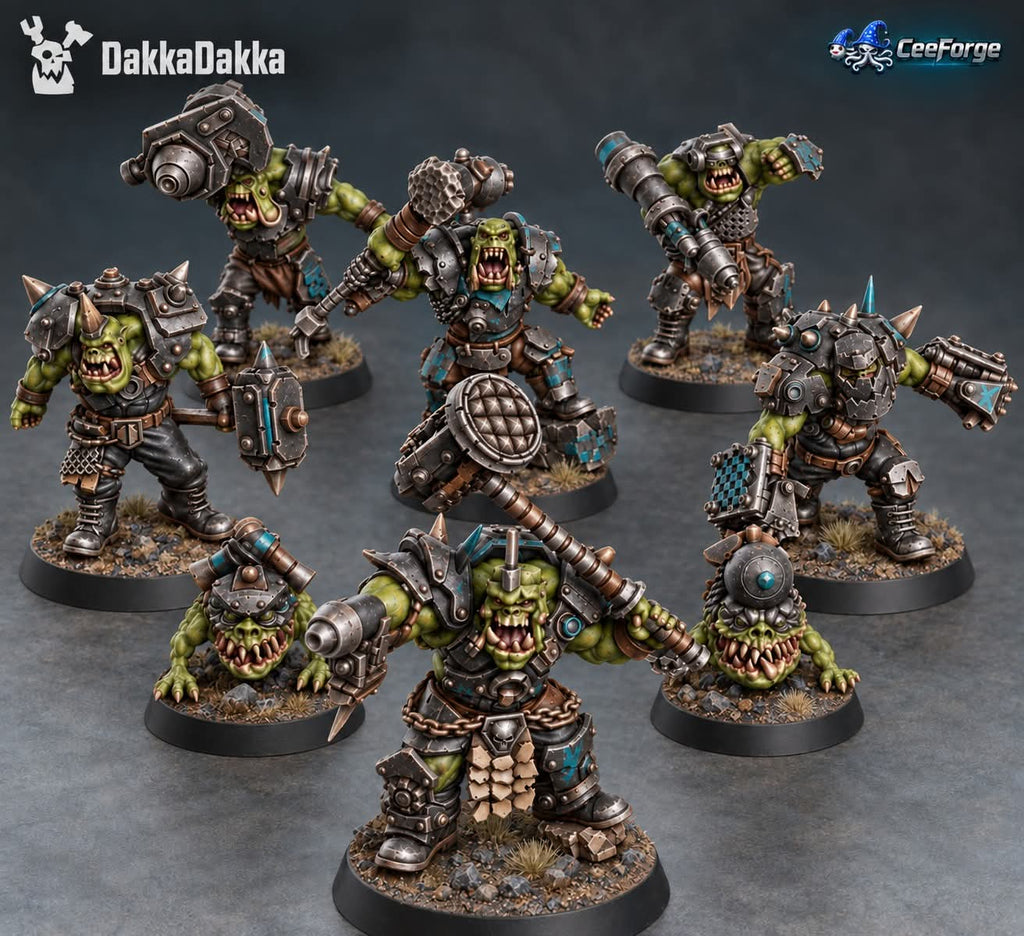 A set of painted orc miniatures posed on round bases against a dark studio background in Ceeforge exclusive "painted colors". The figures are green-skinned, heavily armored in dark metallic gear, and wield large weapons.